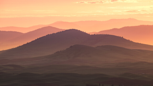 A Palouse sunrise lights up the morning mist between distant hills